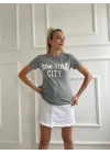 Kadın Basic Tişört Newyork City Baskılı Gri