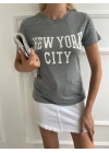Kadın Basic Tişört Newyork City Baskılı Gri
