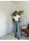 Kadın Wide Leg Taşlı Jean Mavi