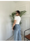 Kadın Wide Leg Taşlı Jean Mavi