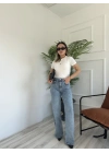 Kadın Wide Leg Taşlı Jean Mavi