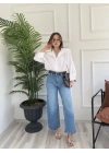 Kadın Wide Leg Kemerli Mavi Jean