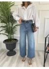 Kadın Wide Leg Kemerli Mavi Jean