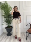 Kadın Wide Leg Kemerli Bej Jean