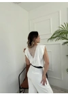 Kadın Arkası Dantel Detaylı Basic Tshirt Ekru