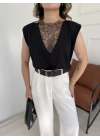Kadın Arkası Dantel Detaylı Basic Tshirt Siyah
