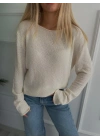 Kadın Açık Yaka Uzun Kol Triko Krem