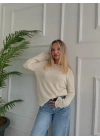 Kadın Açık Yaka Uzun Kol Triko Krem