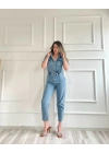 Kadın Bağcık Detaylı Kot Tulum Buz Mavi