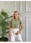 Kadın Basic Crop Tshirt Haki