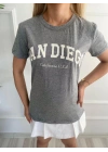 Kadın Basic Tişört San Diego Baskılı Gri