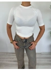 Kadın Bisiklet Yaka Kısa Kollu Body Ekru