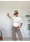 Kadın Bisiklet Yaka Kısa Kollu Body Ekru
