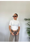 Kadın Bisiklet Yaka Kısa Kollu Body Ekru