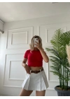 Kadın Büzgü Detaylı Crop Kırmızı Tshirt