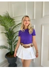 Kadın Büzgü Detaylı Crop Mor Tshirt