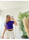 Kadın Büzgü Detaylı Crop Mor Tshirt