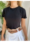 Kadın Büzgü Detaylı Crop Siyah Tshirt
