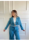 Kadın Çizgili Eteği Mavi Garnili Ceket