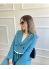 Kadın Çizgili Eteği Mavi Garnili Ceket