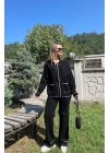 Kadın Çoban Dikişli Hırka-Pantolon Triko Takım Siyah-Ekru