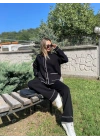 Kadın Çoban Dikişli Hırka-Pantolon Triko Takım Siyah-Ekru