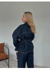 Kadın Denim Ceket Pantolon Takım Mavi