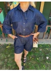 Kadın Denim Gömlek Şort Takım Lacivert