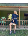 Kadın Denim Gömlek Şort Takım Lacivert