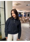 Kadın Denim Yaka Tasarım Sweat Mavi