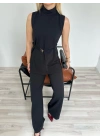 Kadın Dik Yaka Bağcıklı Pantolon Takım Siyah