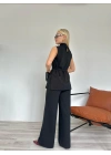 Kadın Dik Yaka Bağcıklı Pantolon Takım Siyah