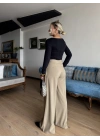 Kadın Dökümlü Pileli Pantolon Bej