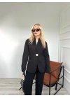 Kadın Gold Düğmeli Hakim Yaka Blazer Ceket Siyah