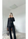 Kadın Gold Kemerli Ceket Pantolon Takım Siyah