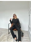 Kadın Gold Kemerli Ceket Pantolon Takım Siyah