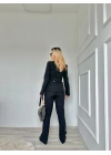 Kadın Gold Kemerli Ceket Pantolon Takım Siyah