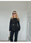 Kadın Gold Kemerli Ceket Pantolon Takım Siyah