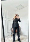 Kadın Gold Kemerli Ceket Pantolon Takım Siyah