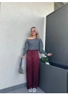 Kadın Jakarlı Geniş Paça Pantolon Bordo