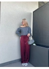 Kadın Jakarlı Geniş Paça Pantolon Bordo