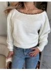 Kadın Kayık Yaka Boncuk Detaylı Kazak Ekru