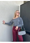 Kadın Kayık Yaka Boncuk Detaylı Kazak Gri