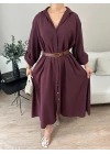 Kadın Kemer Detaylı Gömlek Elbise Bordo