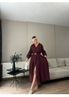 Kadın Kemer Detaylı Gömlek Elbise Bordo