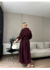Kadın Kemer Detaylı Gömlek Elbise Bordo