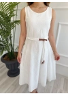 Kadın Kemerli Fisto Elbise Ekru