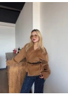 Kadın Kemerli Kaşe Hırka Camel