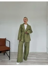 Kadın Keten Ceket Pantolon Takım Haki