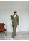Kadın Keten Ceket Pantolon Takım Haki